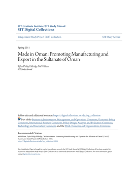 Promoting Manufacturing and Export in the Sultanate of Oman Tyler Philip Eldridge Mcwilliam SIT Study Abroad