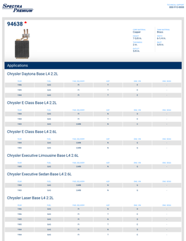 Applications Chrysler Daytona Base L4 2.2L Chrysler E Class Base L4 2.2L Chrysler E Class Base L4 2.6L Chrysler Executive Limous