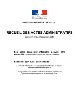 RECUEIL DES ACTES ADMINISTRATIFS Edition N° 49 Du 30 Décembre 2014