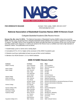 National Association of Basketball Coaches Names 2009-10 Honors Court