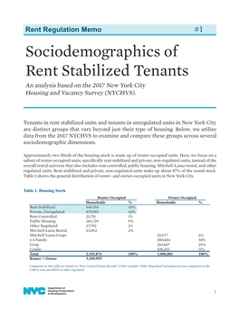 Sociodemographics of Rent Stabilized Tenants an Analysis Based on the 2017 New York City Housing and Vacancy Survey (NYCHVS)