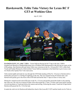 Hawksworth, Telitz Take Victory for Lexus RC F GT3 at Watkins Glen