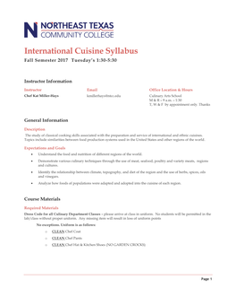 International Cuisine Syllabus Fall Semester 2017 Tuesday’S 1:30-5:30