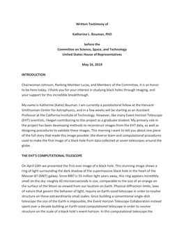 Written Testimony of Katherine L. Bouman, Phd Before the Committee on Science, Space, and Technology United States House of Repr