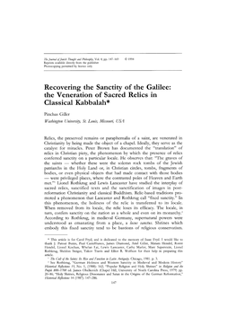 Recovering the Sanctity of the Galilee: the Veneration of Sacred Relics in Classical Kabbalah*