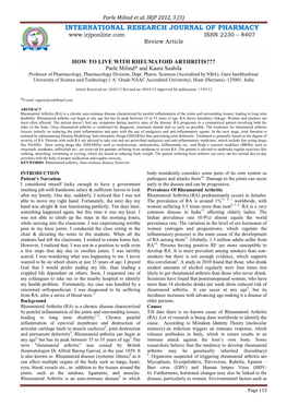 HOW to LIVE with RHEUMATOID ARTHRITIS??? Parle Milind* and Kaura Sushila Professor of Pharmacology, Pharmacology Division, Dept