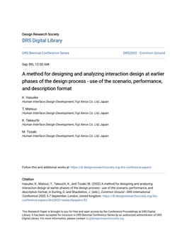 A Method for Designing and Analyzing Interaction Design at Earlier Phases of the Design Process - Use of the Scenario, Performance, and Description Format