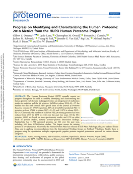 2018 Metrics from the HUPO Human Proteome Project † ● ‡ § ∥ Gilbert S