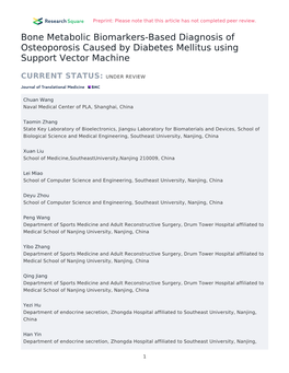 Bone Metabolic Biomarkers-Based Diagnosis of Osteoporosis Caused by Diabetes Mellitus Using Support Vector Machine