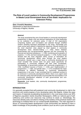 The Role of Local Leaders in Community Development Programmes in Ideato Local Government Area of Imo State: Implication for Extension Policy