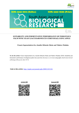 Suitability and Fermentative Performance of Indigenous Palm Wine Yeast (Saccharomyces Cerevisiae) Using Apple