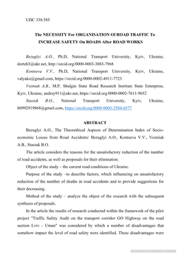 UDC 338.585 the NECESSITY for ORGANISATION of ROAD