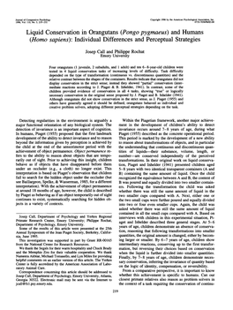 Liquid Conservation in Orangutans (Pongo Pygmaeus) and Humans (Homo Sapiens): Individual Differences and Perceptual Strategies