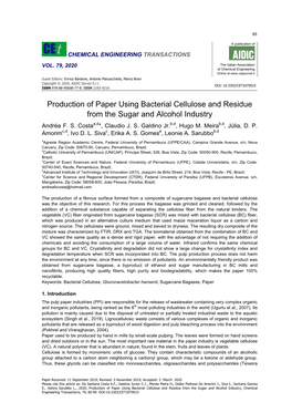 Production of Paper Using Bacterial Cellulose and Residue from the Sugar and Alcohol Industry, Chemical Engineering Transactions, 79, 85-90 DOI:10.3303/CET2079015