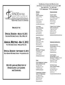 ANNUAL MEETING - MAY 5, 2012 908-369-1719 (H) FAITH REFORMED CHURCH Y MIDLAND PARK, NJ 908-369-4956 (O) Reformed Church Home Rsmatclerk@Gmail.Com Ms