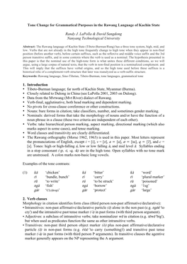 Tone Change for Grammatical Purposes in the Rawang Language of Kachin State