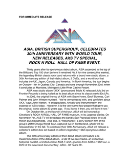 ASIA, BRITISH SUPERGROUP, CELEBRATES 30Th ANNIVERSARY with WORLD TOUR, NEW RELEASES, AXS TV SPECIAL, ROCK N ROLL HALL of FAME EVENT