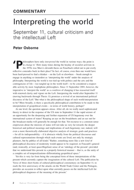 Interpreting the World September 11, Cultural Criticism and the Intellectual Left