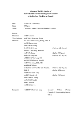 Minutes of the 11Th Meeting of the Food and Environmental Hygiene Committee of the Kowloon City District Council