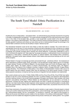 The South Tyrol Model: Ethnic Pacification in a Nutshell Written by Roland Benedikter