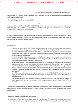 Convenzione Tra I Comuni Di Terre Del Reno (Fe) E Ostellato (Fe) Per Lo Svolgimento in Forma Associata Della Segreteria Comunale