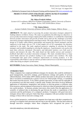 PRODUCT INNOVATION STRATEGIES AMONG BANKS in ELDORET MUNICIPALITY, KENYA *Dr. Odoyo Fredrick Selfano. Lecturer & Co-Ordinato