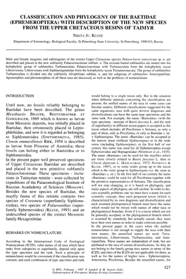 Classification and Phylogeny of the Baetidae (Ephemeroptera) with Description of the New Species from the Upper Cretaceous Resins of Taimyr