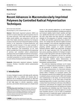 Recent Advances in Macromolecularly Imprinted Polymers by Controlled Radical Polymerization Techniques