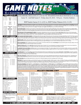 UPCOMING GAMES and PROBABLE PITCHERS RHP Justin Garza (3-5, 4.23) Vs. RHP Nolan Watson (0-0, 11.25) HILLCATS COACHING STAFF