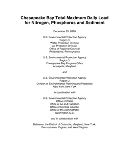 Chesapeake Bay Total Maximum Daily Load for Nitrogen, Phosphorus and Sediment