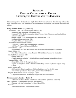 Summary Kessler Collection at Emory Luther, His Friends and His Enemies