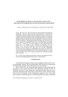 In Memory of Emil G. Racovitza (1868–1947) – His Ideas Reverberate in Our Scientific Research