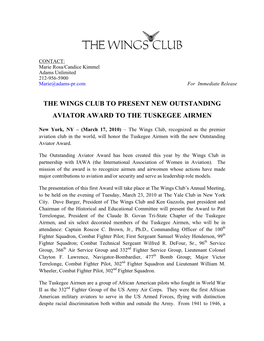 The Wings Club to Present New Outstanding Aviator Award to the Tuskegee Airmen