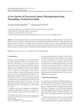 A New Species of Fejervarya (Anura: Dicroglossidae) from Mawphlang, Northeastern India