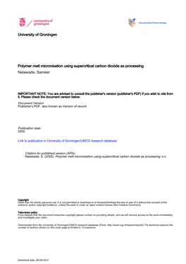 University of Groningen Polymer Melt Micronisation Using Supercritical