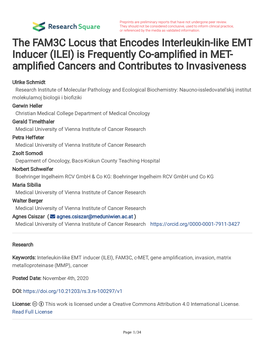 The FAM3C Locus That Encodes Interleukin-Like EMT Inducer (ILEI) Is Frequently Co-Amplifed in MET- Amplifed Cancers and Contributes to Invasiveness