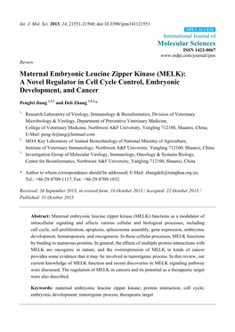 Maternal Embryonic Leucine Zipper Kinase (MELK): a Novel Regulator in Cell Cycle Control, Embryonic Development, and Cancer