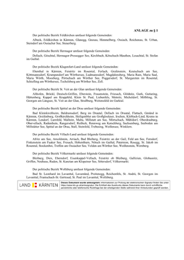 ANLAGE Zu § 1 Der Politische Bezirk Feldkirchen Umfasst Folgende Gemeinden: Albeck, Feldkirchen in Kärnten, Glanegg, Gnesau, Himmelberg, Ossiach, Reichenau, St