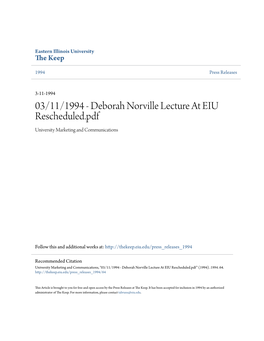 03/11/1994 - Deborah Norville Lecture at EIU Rescheduled.Pdf University Marketing and Communications