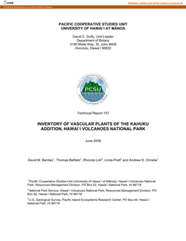 Inventory of Vascular Plants of the Kahuku Addition, Hawai'i