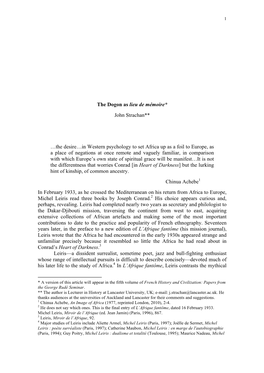 The Dogon As Lieu De Mémoire* John Strachan** …The Desire…In Western Psychology to Set Africa up As a Foil to Europe, As A