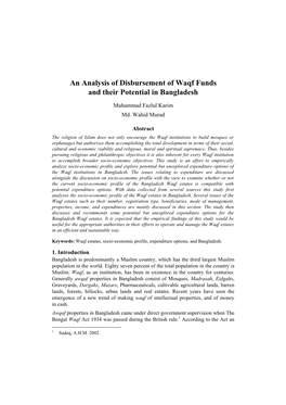 An Analysis of Disbursement of Waqf Funds and Their Potential in Bangladesh