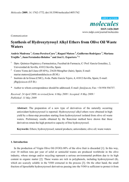 Synthesis of Hydroxytyrosyl Alkyl Ethers from Olive Oil Waste Waters