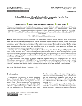 Decline of Black Alder Alnus Glutinosa (L.) Gaertn. Along the Narewka River in the Białowieża Forest District