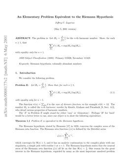 [Math.NT] 6 May 2001 Number Neeti H Imn Yohss Eaddb Aya H M the As Many by Regarded Hypothesis, Riemann the in Interest ABSTRACT