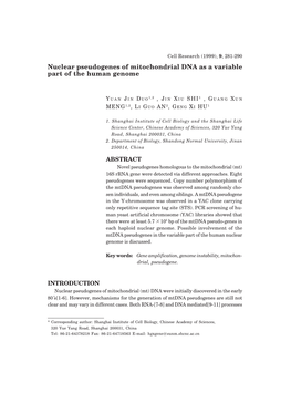 Nuclear Pseudogenes of Mitochondrial DNA As a Variable Part of the Human Genome