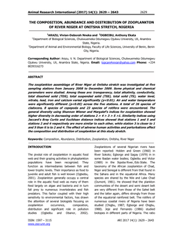 The Composition, Abundance and Distribution of Zooplankton of River Niger at Onitsha Stretch, Nigeria