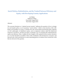 Social Welfare, Redistribution, and the Tradeoff Between Efficiency and Equity, with Developing Country Applications