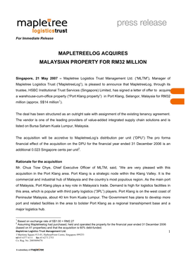 Mapletreelog Acquires Malaysian Property for Rm32 Million