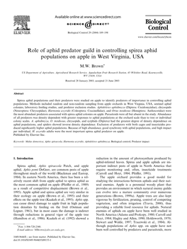 Role of Aphid Predator Guild in Controlling Spirea Aphid Populations on Apple in West Virginia, USA